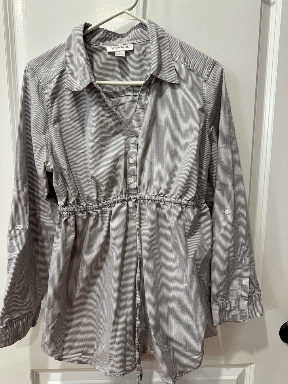 Motherhood Maternity Gray Pinstripe Button-Front Drawstring Tunic